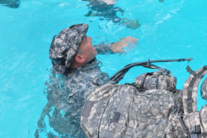 GSDF soldiers practice the “hanging float” as part of water survival training. This technique can be used while waiting for help to arrive and as a resting position when swimming to safety.